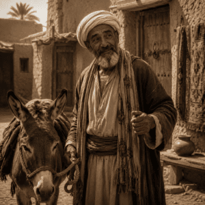 Goha from Arabian folklore standing in a bustling medieval Middle Eastern marketplace.