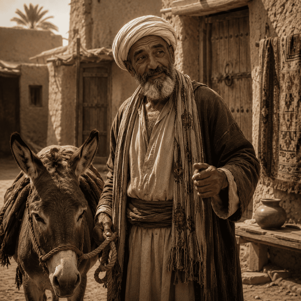 Goha from Arabian folklore standing in a bustling medieval Middle Eastern marketplace.
