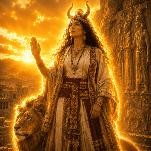 e. Hebat, the supreme Queen of Heaven from Hurrian mythology, portrayed as a regal Middle Bronze Age Near Eastern goddess standing
