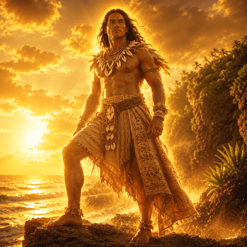 Huanaki, the creator god from Niuean mythology, standing barefoot on an emerging raised coral reef as the ocean naturally recedes around him