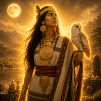 Huitaca, the rebel moon goddess of Muisca mythology, standing beneath a luminous full moon
