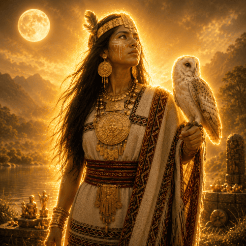 Huitaca, the rebel moon goddess of Muisca mythology, standing beneath a luminous full moon