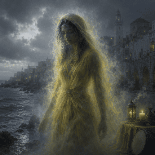 Lalla Mira standing beneath the golden twilight sky near Morocco's Atlantic coastline, dressed in flowing traditional yellow Moroccan robes