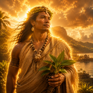 Luhk, the divine ancestor of Pohnpeian mythology, standing on a lush tropical hillside