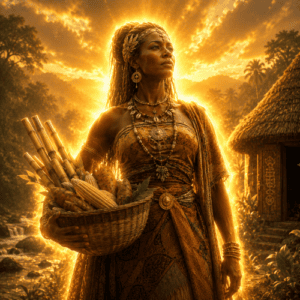 Mbokomu, the ancestral mother from Ngombe mythology, standing in a lush Central African garden at dawn.