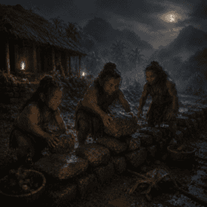 Menehune as Stone wall builders under moonlight