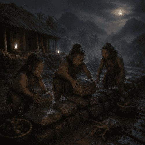 Menehune as Stone wall builders under moonlight