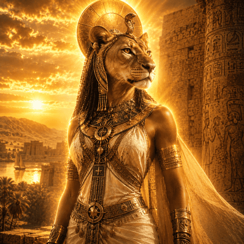 Menhet, the Nubian lioness goddess, depicted as a powerful woman with the head of an African lioness.