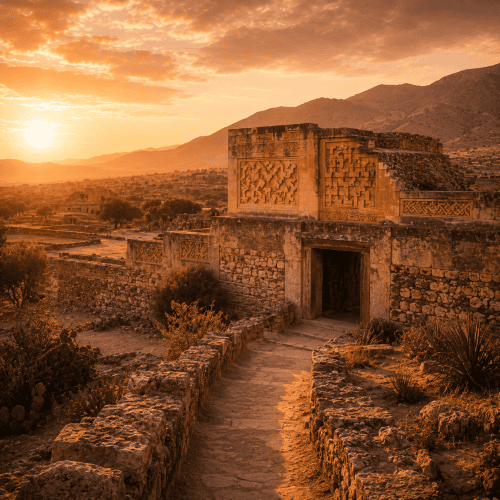 Mitla in the Mexican landscape at sunset
