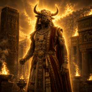 Moloch, Canaanite deity standing within a massive stone temple illuminated by blazing ceremonial fire