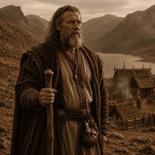 Mundilfari from Norse mythology, depicted as an ancient Scandinavian patriarch standing beneath the northern sky at twilight