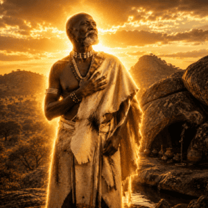 Ndeble supreme god Mwali standing on a Zimbabwean landscape