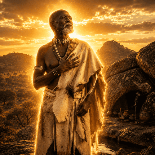 Ndeble supreme god Mwali standing on a Zimbabwean landscape