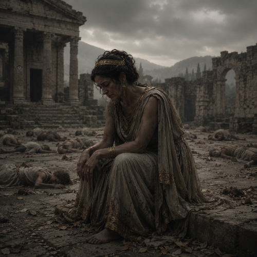 Queen Niobe standing among the lifeless bodies of her children in ancient Thebes