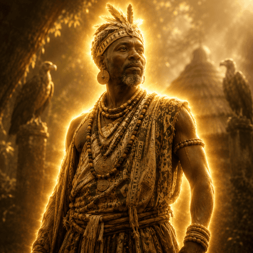 Ongo, the creator god from Nyanga mythology, standing within the sacred subterranean realm of Sheburungu