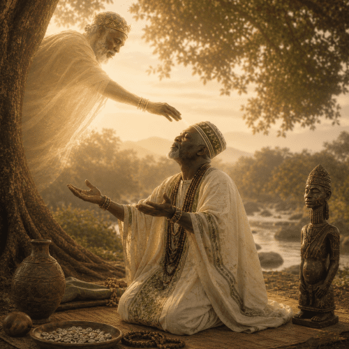 Orunmila receiving the boon of All Knowingness from Oldumare