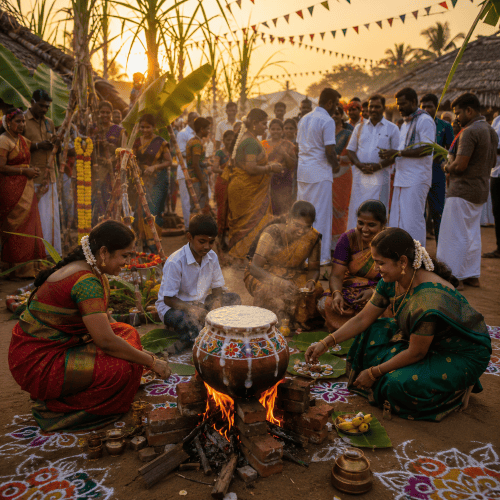People celebrating Pongal in Tamil Nadu