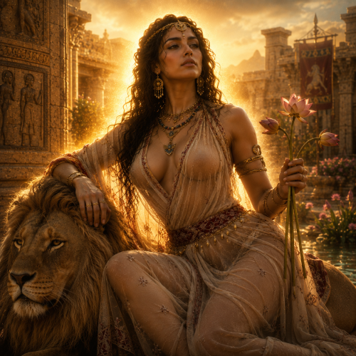 Qadesh, the Canaanite goddess of fertility and sacred sexuality, seated gracefully beside a lion with lotus flowers