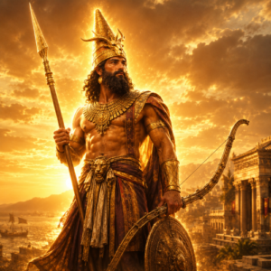 Resheph, the Phoenician god of plague and war, standing with a spear, bow, and shield