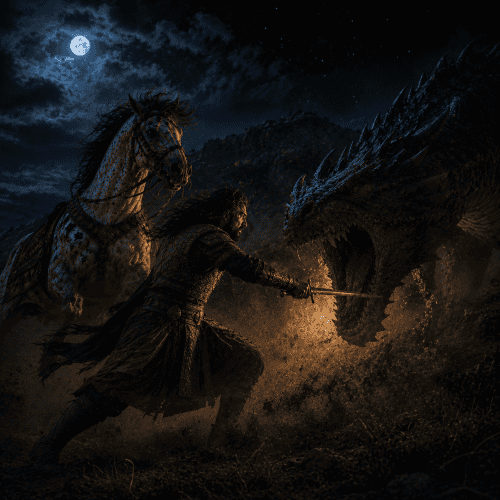 Facing the dragon under moonlit sky during Rostam's 3rd Labour