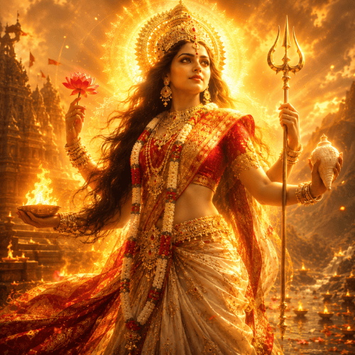 Shakti as the primordial Divine Mother of Hindu mythology, radiating brilliant golden cosmic energy