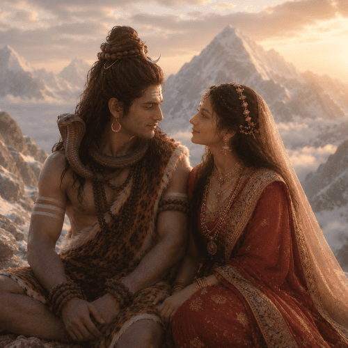 Shiva and Parvati seated together on Mount Kailasa during the quiet moments before sunrise.