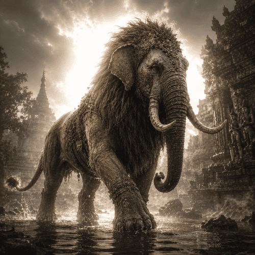 A majestic Siho from Laotian mythology standing calmly before an ancient Lao Buddhist temple.