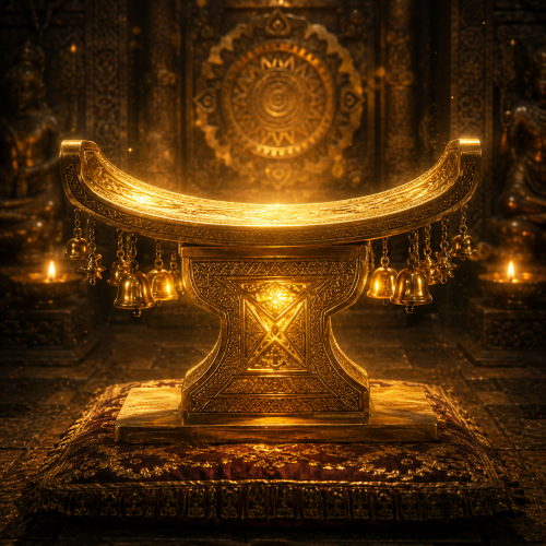 Sika Dwa Kofi (Golden Stool) radiating a warm golden glow while resting on an ornate ceremonial cushion inside a sacred Ashanti temple.
