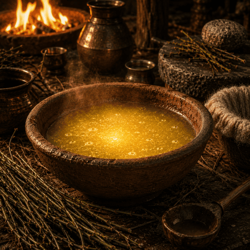 Vedic ritual bowl filled with freshly pressed Soma juice