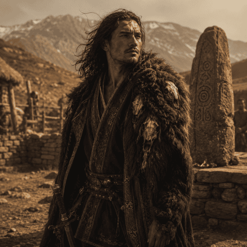 Soslan, the legendary stone-born hero from Ossetian mythology, standing on a rugged Caucasus mountainside