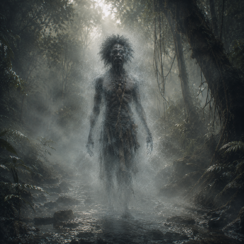Suangi from Papuan mythology emerging silently from a dense tropical rainforest at night.