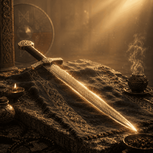 Legendary sword of Freyr in a Norse chamber