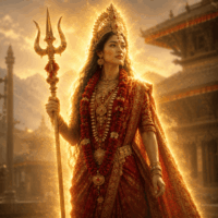 Mythlok - Taleju Bhawani Taleju Bhawani, the royal guardian goddess of Nepali mythology, standing in a regal pose before the ornate Taleju Temple