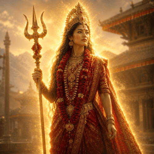 Taleju Bhawani, the royal guardian goddess of Nepali mythology, standing in a regal pose before the ornate Taleju Temple