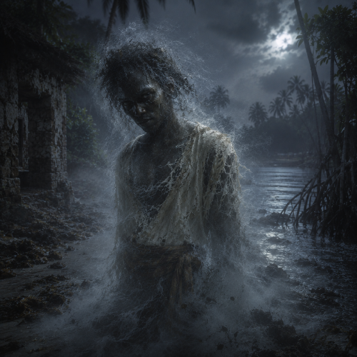 kunduka from Pemba mythology emerging from the humid tropical darkness of Pemba Island at night.