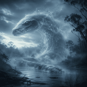 Wagyl, the Rainbow Serpent of Noongar mythology, emerging gracefully from the tranquil waters of the Derbarl Yerrigan