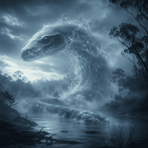 Wagyl, the Rainbow Serpent of Noongar mythology, emerging gracefully from the tranquil waters of the Derbarl Yerrigan