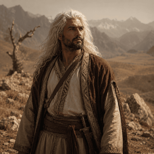 Zal from Iranian mythology standing on the rugged slopes of the Alborz Mountains at dawn