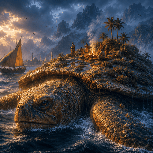 Zaratan from Arabian mythology, portrayed as a biologically accurate giant sea turtle inspired by a leatherback and green sea turtle