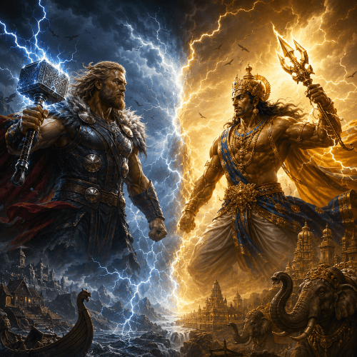 Thor vs Indra as Divine warriors in mythic duel