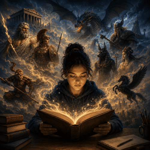 A realm of legends and myths in YA literature being explored by a student