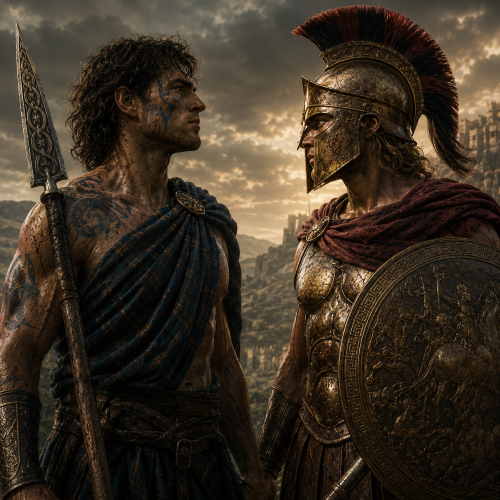 Cú Chulainn vs Achilles in a muddy battlefield