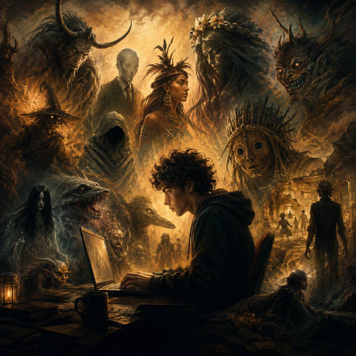 Internet folklore represented through a person creating myths online.