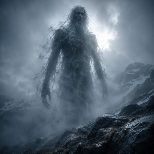 Am Fear Liath Mòr, the Big Grey Man of Ben MacDhui, portrayed as a physically plausible spectral mountain entity