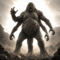 Asag, the three-armed and three-legged Sumerian demon amid mountains.