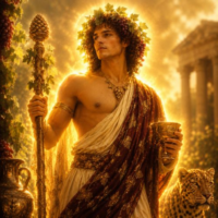 Mythlok - Bacchus Bacchus, the Roman god of wine, depicted as a youthful, fully human Roman noble with long dark wavy hair and soft classical features.