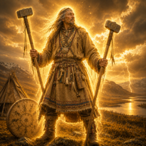 Horagalles, the thunder god of Sámi mythology, stands upon a windswept Arctic tundra beneath dramatic storm clouds