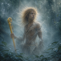Jasy Jatere from Guaran&iacute; mythology with long golden-blond hair, fair skin, and light eyes