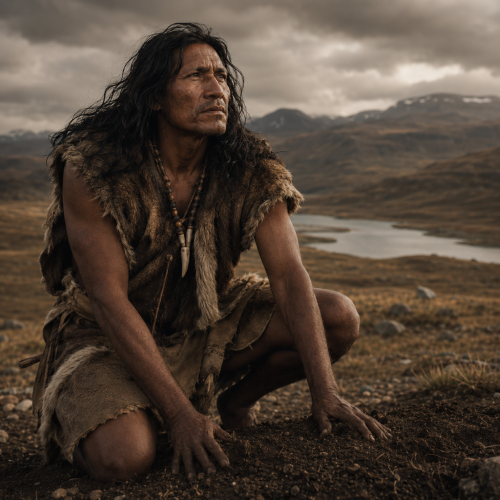 Kénos, the first Selk'nam howenh, kneeling in the Tierra del Fuego landscape.