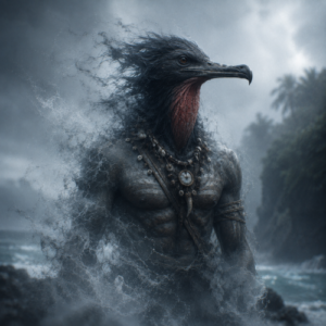 Kesoko, a frigate bird-headed sea spirit emerging from misty ocean water, with dissolving edges and a cool blue-grey atmosphere.